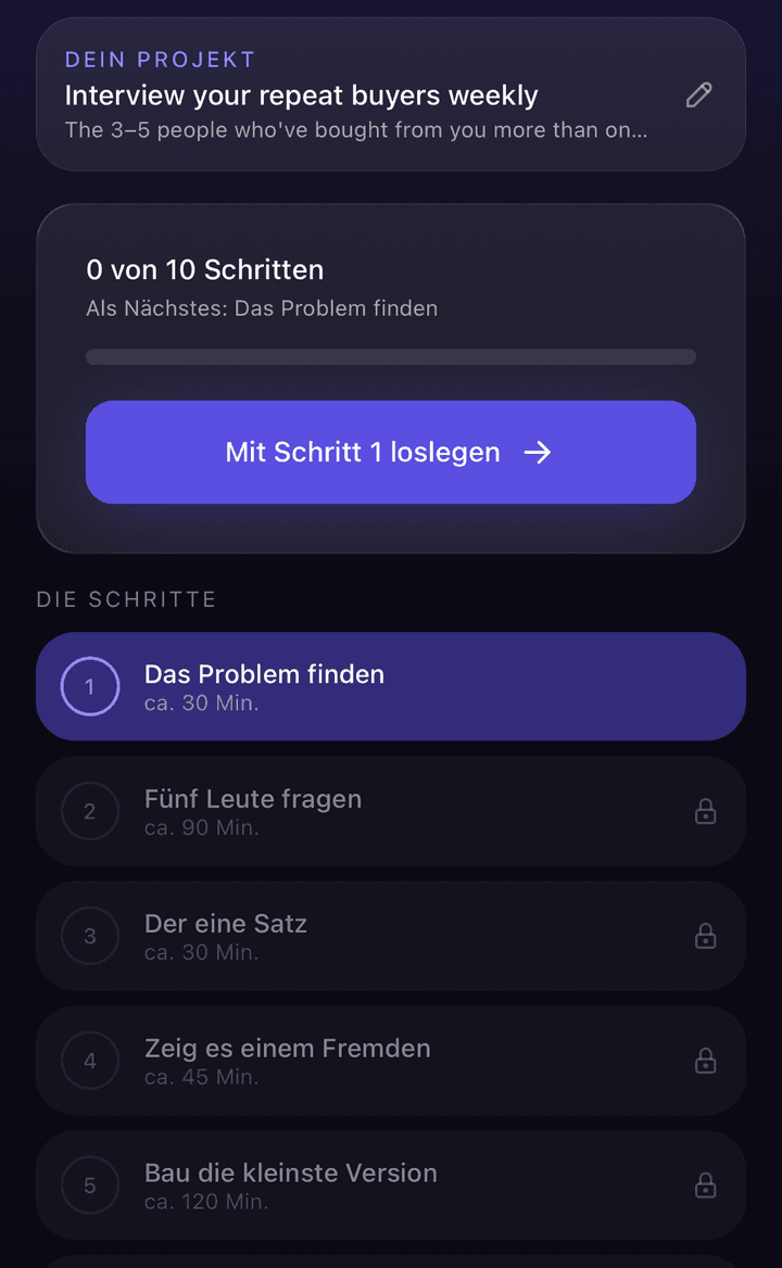 Die Journey-Übersicht: das eigene Projekt oben, darunter der Fortschritt „0 von 10 Schritten“ und die Schrittliste mit Zeitschätzungen.